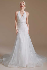 White Lace Halter Cold-Shoulder Trumpet Wedding Dress